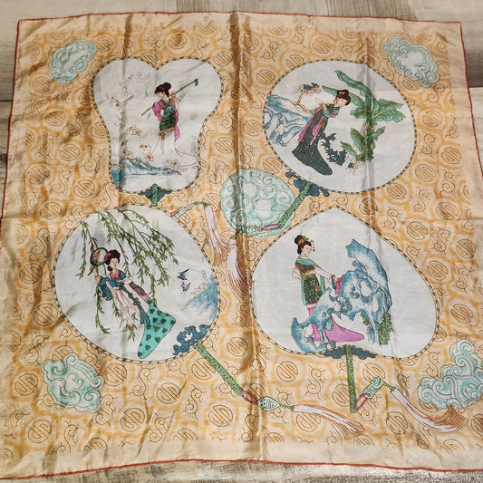 Vintage Triangle Brand Hand Printed Silk Scarf, Chinese Ladies Design