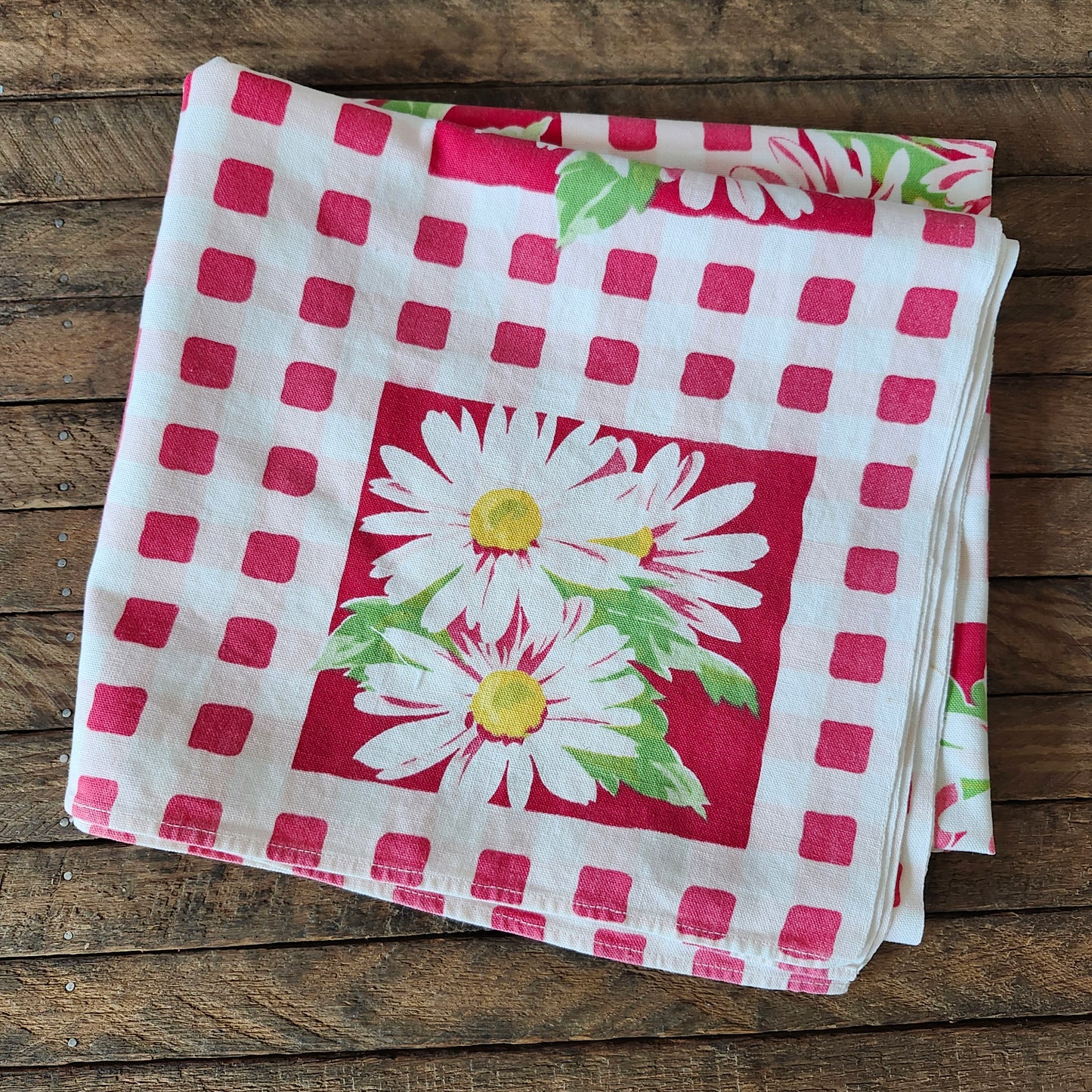Daisies and Pink Squares Vintage Tablecloth