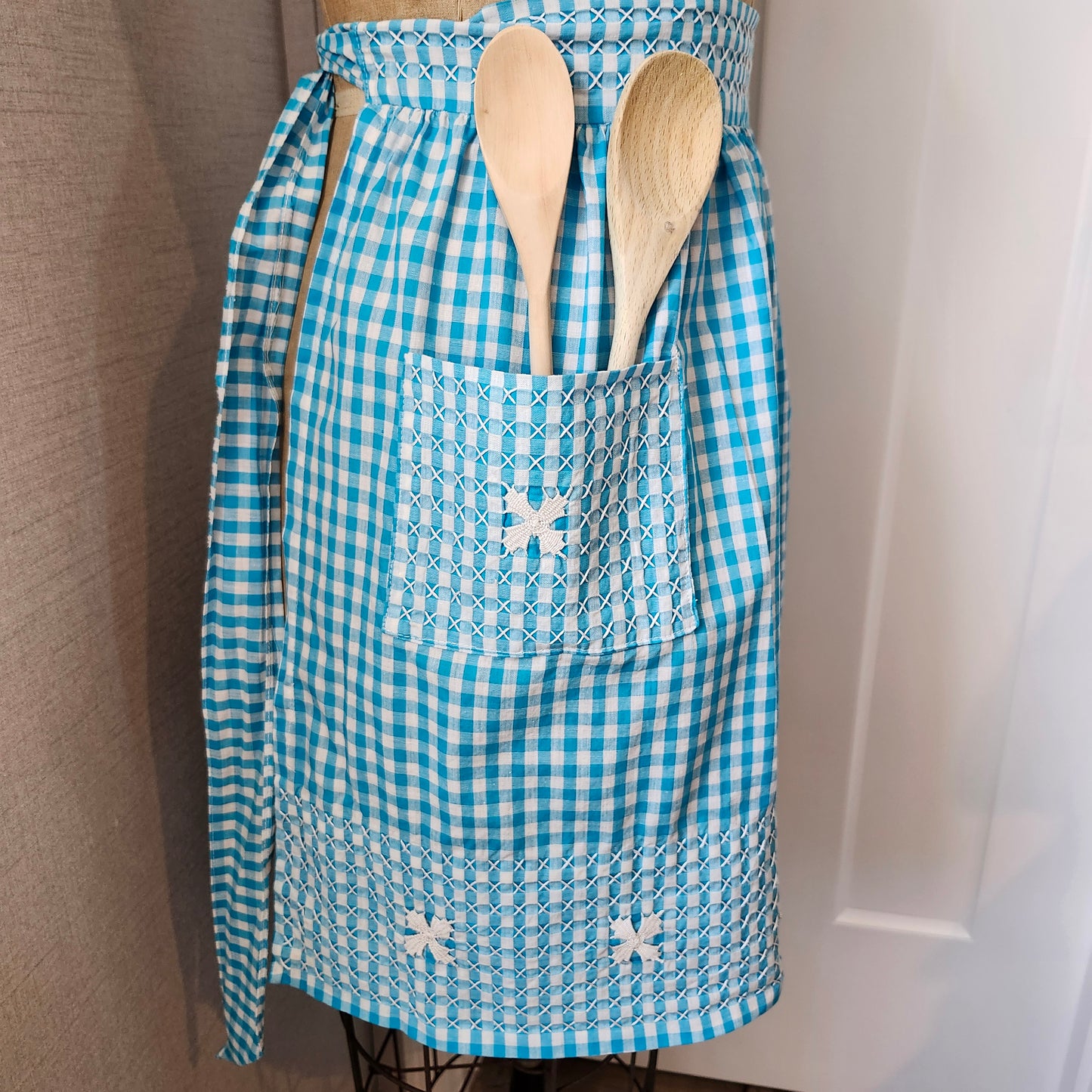 Turquoise Gingham Vintage Half Apron with White Cross Stitch and Bouillon Stitch Flowers