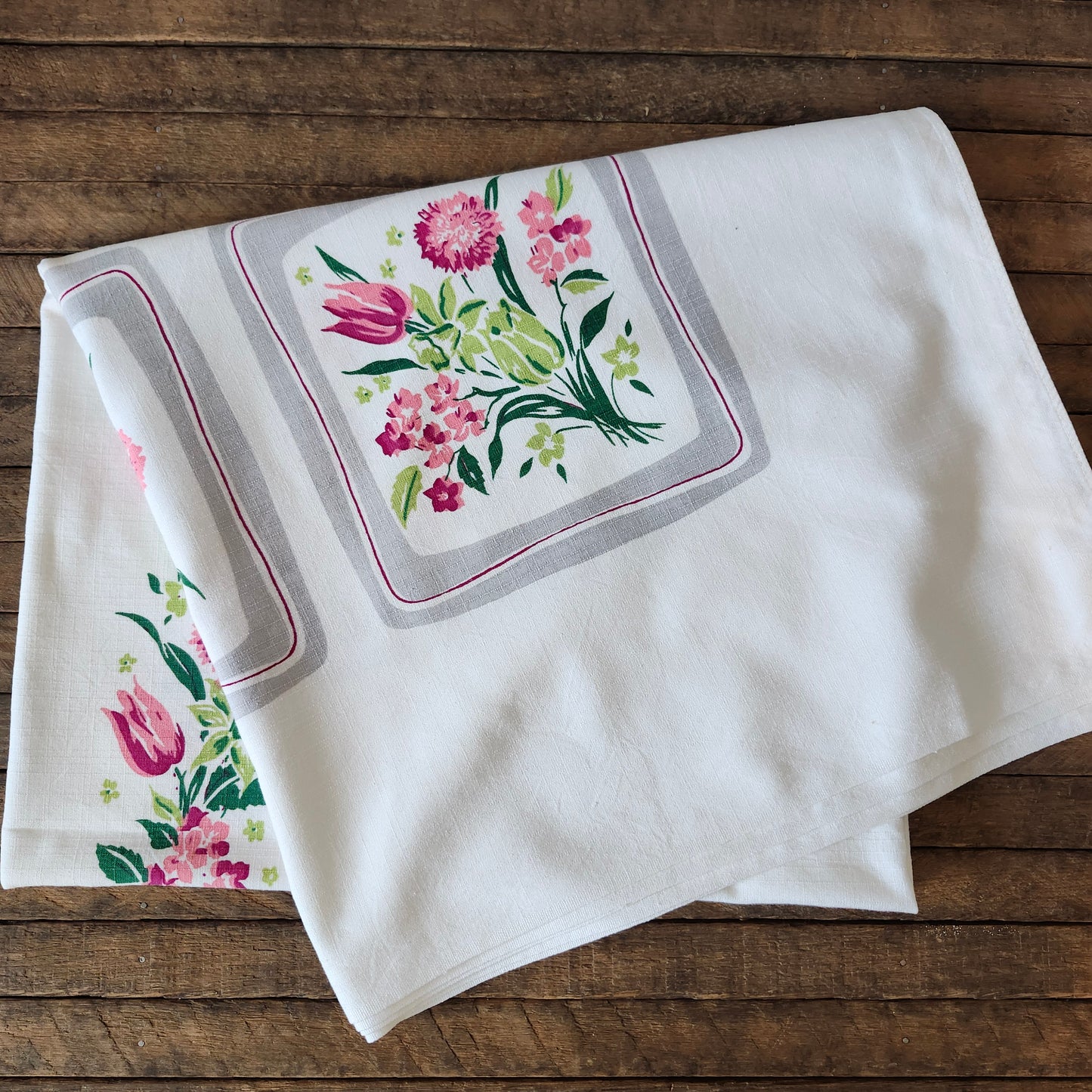 Pink and Gray Floral Vintage Tablecloth