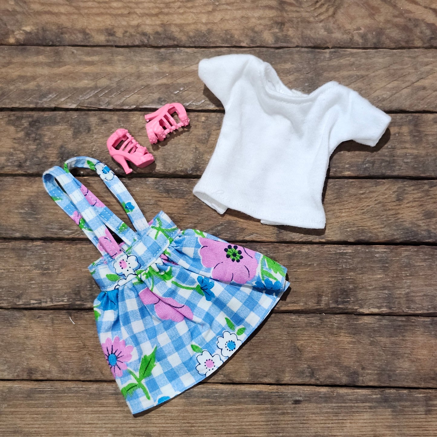 Blue Check Floral Overall Skirt Outfit for 11 1/2" fashion dolls