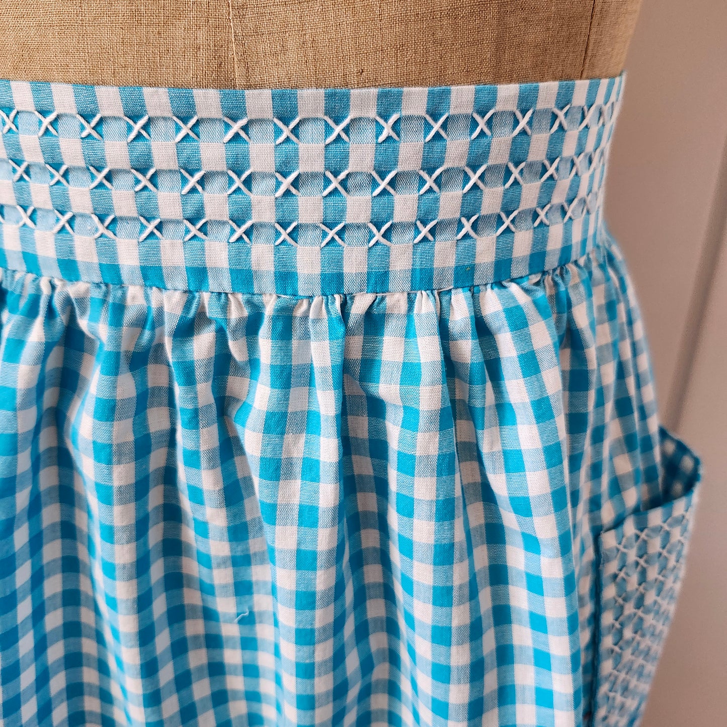 Turquoise Gingham Vintage Half Apron with White Cross Stitch and Bouillon Stitch Flowers