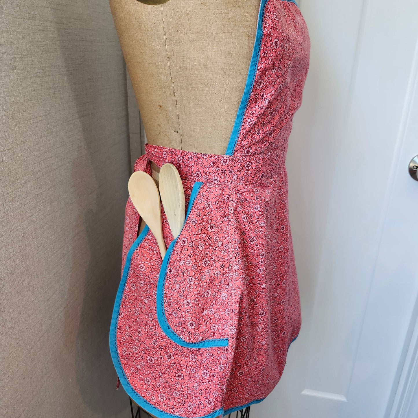 Pink Floral Vintage Pinner Apron with Turquoise Trim