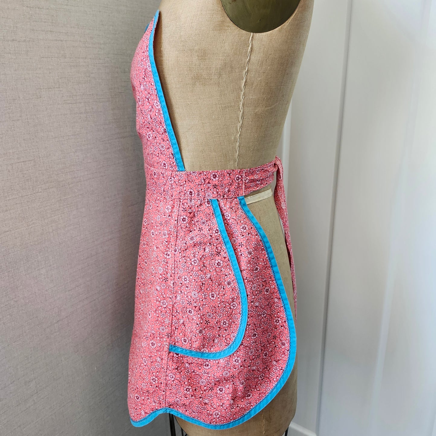 Pink Floral Vintage Pinner Apron with Turquoise Trim
