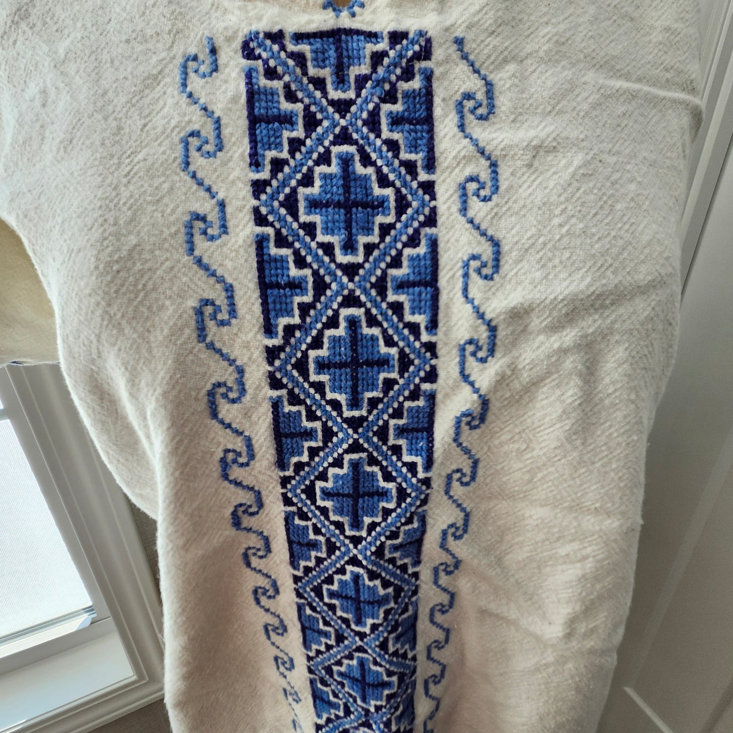 Boho Blue Embroidered White Blouse Handmade