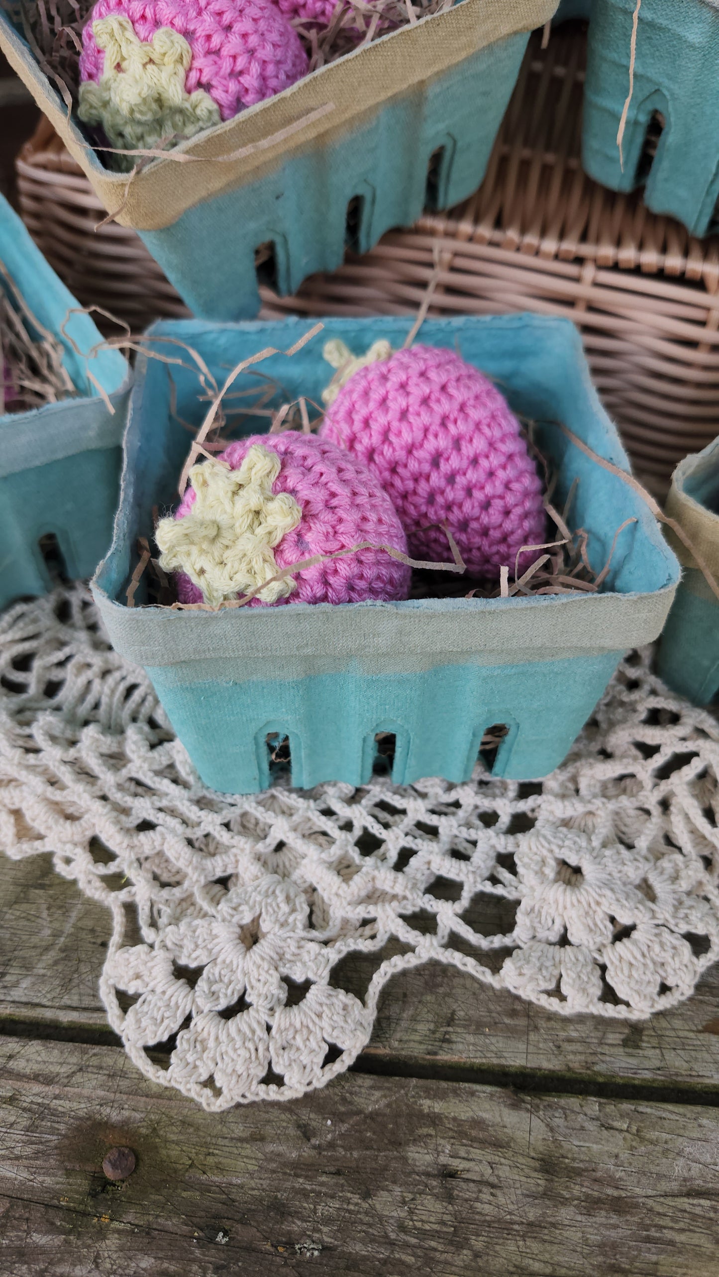 Set of 2 Handmade Crochet Strawberries in a Pint Basket, home decor, kitchen decor, farmhouse