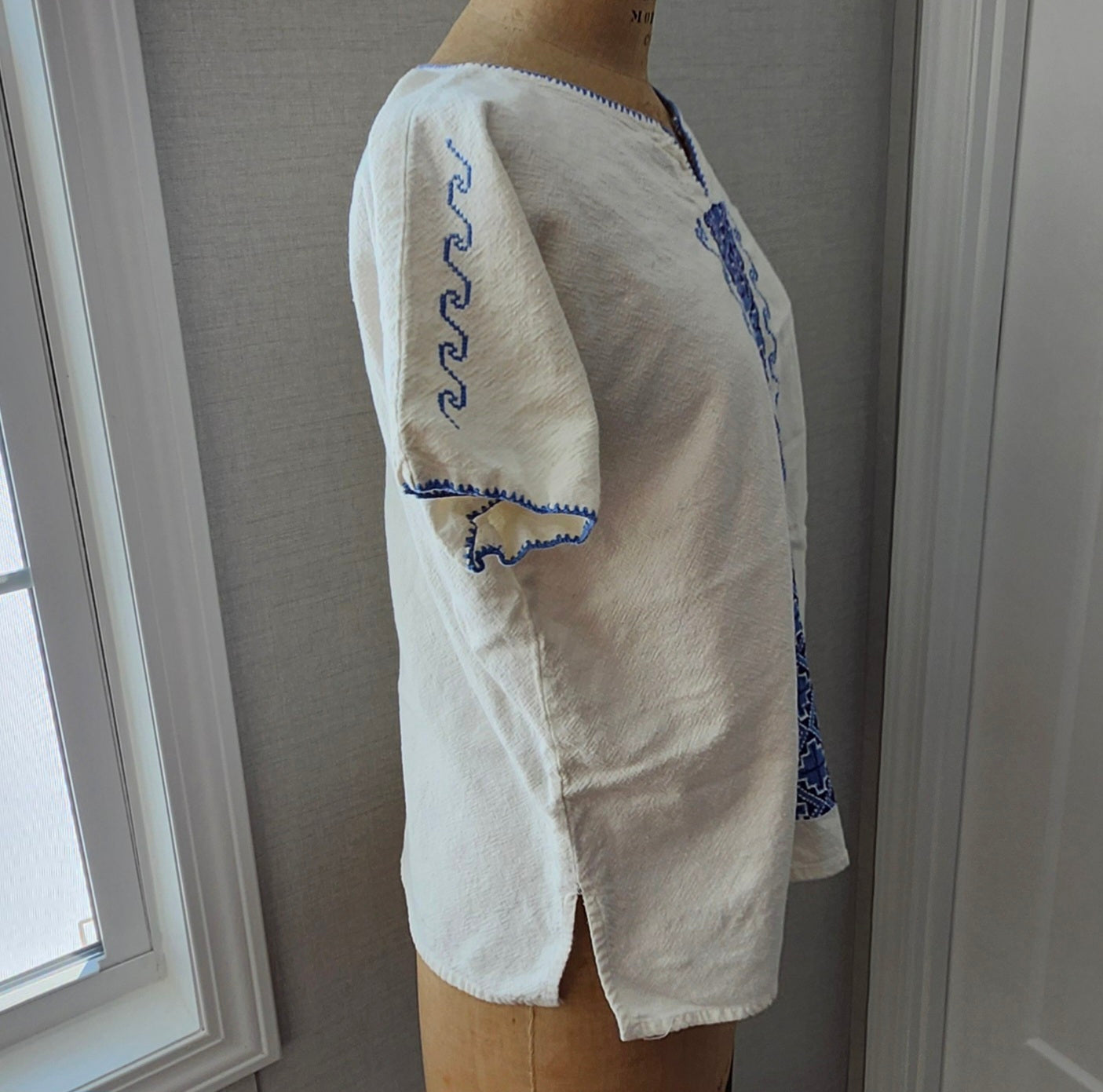 Boho Blue Embroidered White Blouse Handmade