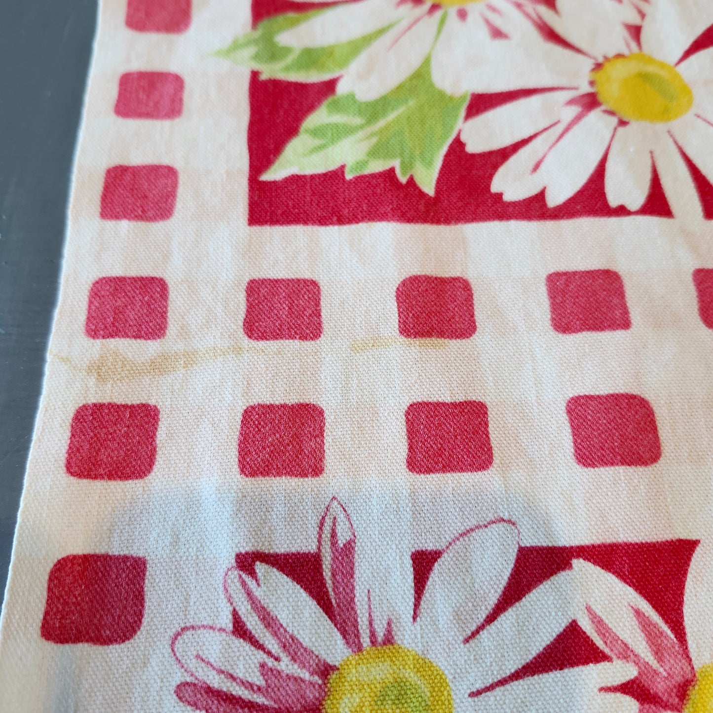 Daisies and Pink Squares Vintage Tablecloth