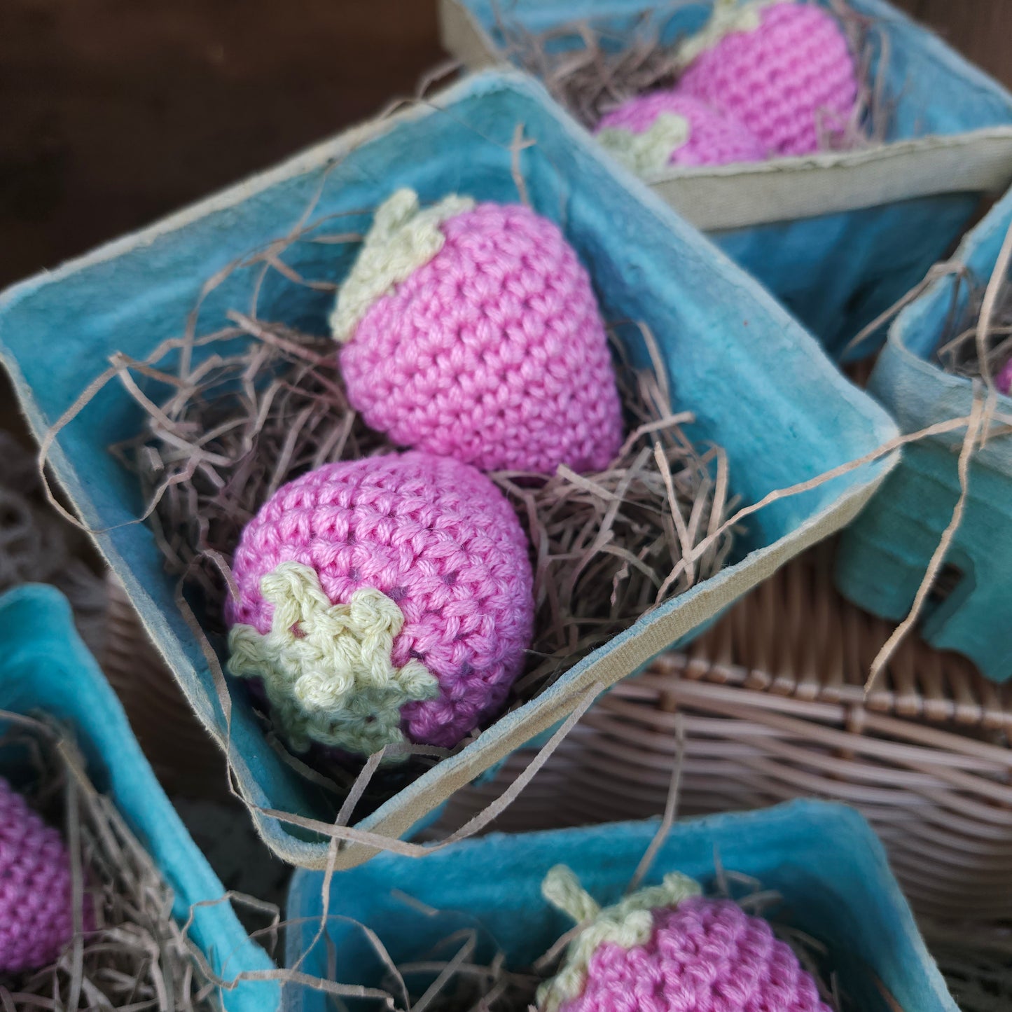 Set of 2 Handmade Crochet Strawberries in a Pint Basket, home decor, kitchen decor, farmhouse