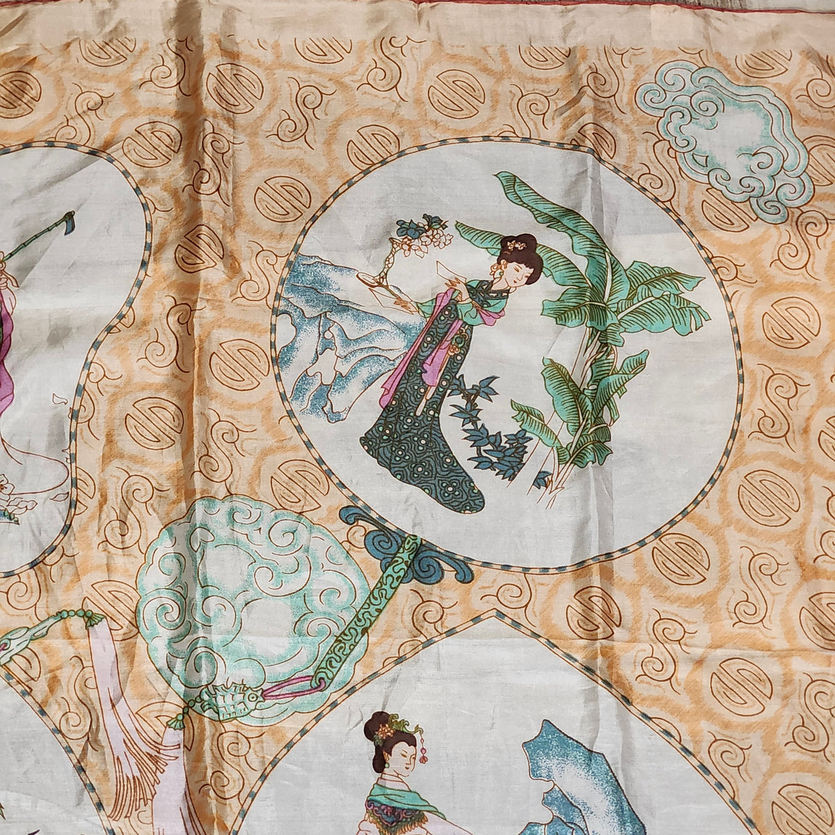 Vintage Triangle Brand Hand Printed Silk Scarf, Chinese Ladies Design