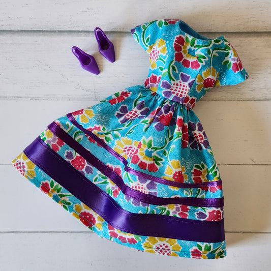 Turquoise and Purple Ribbon Dress for 11 1/2" fashion dolls