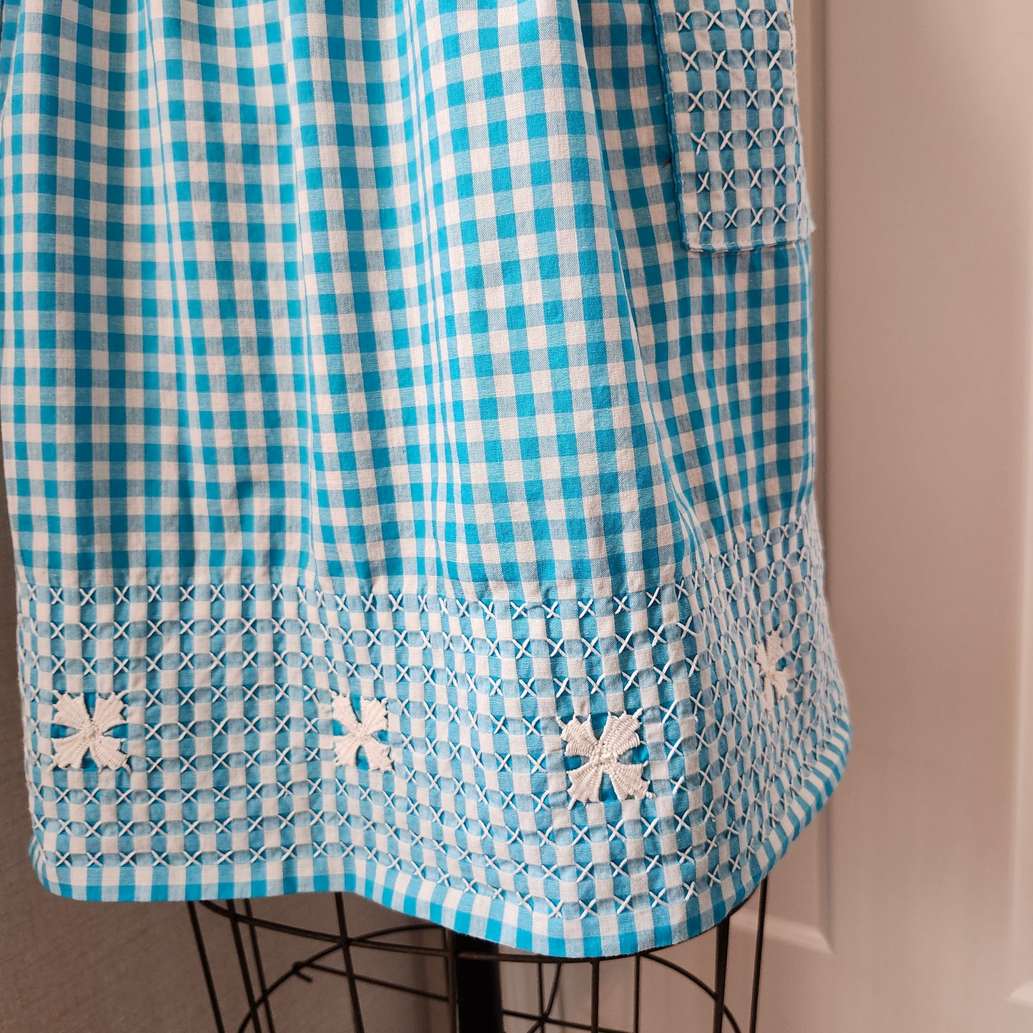 Turquoise Gingham Vintage Half Apron with White Cross Stitch and Bouillon Stitch Flowers