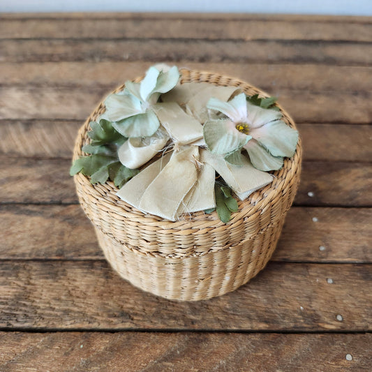Vintage Handwoven Basket with Flowers on the Lid