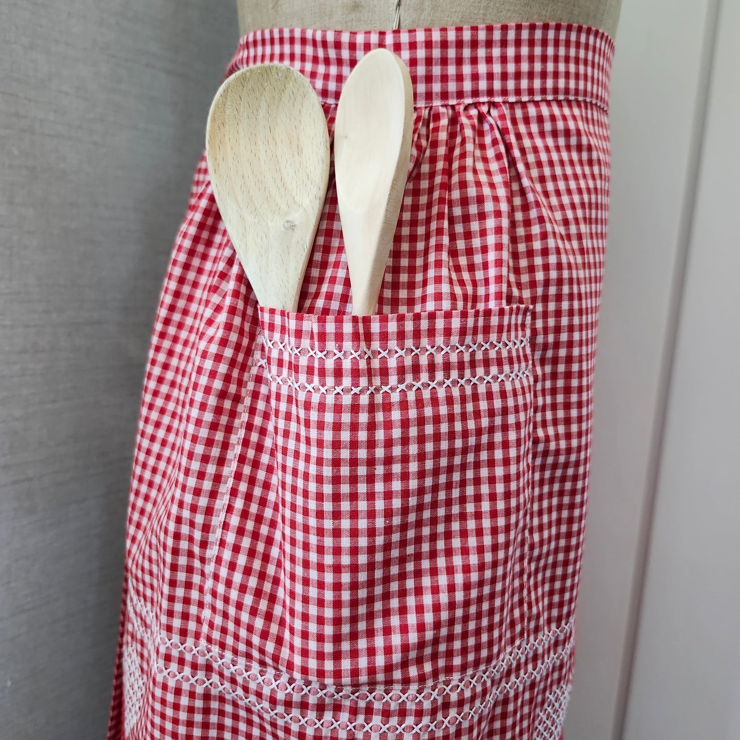 Red and White Gingham Vintage Half Apron with Cross Stitched Hearts