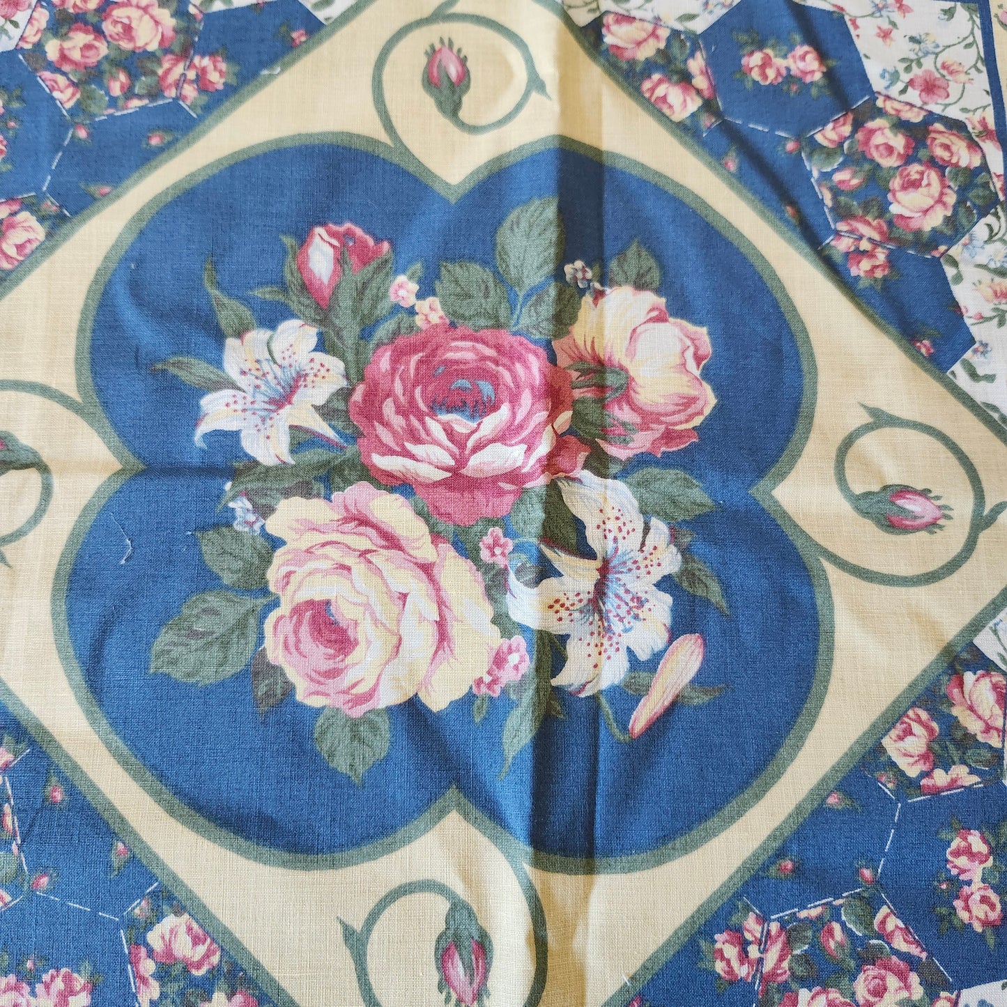 Red Roses on Blue Background Pillow Cut and Sew Panel