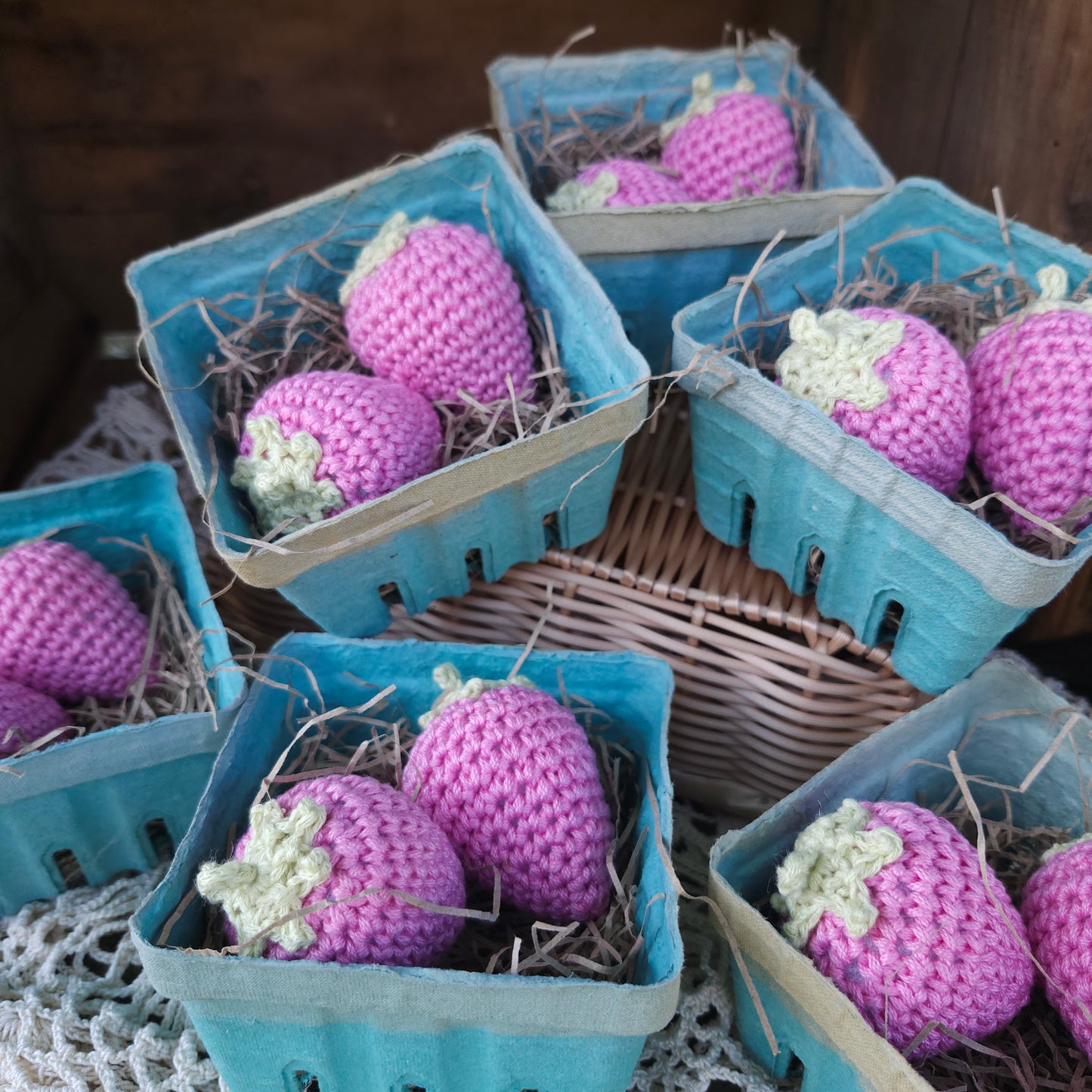 Set of 2 Handmade Crochet Strawberries in a Pint Basket, home decor, kitchen decor, farmhouse