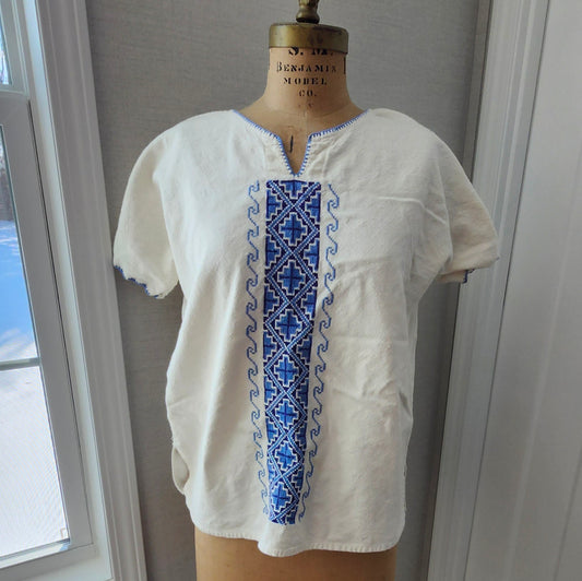 Boho Blue Embroidered White Blouse Handmade