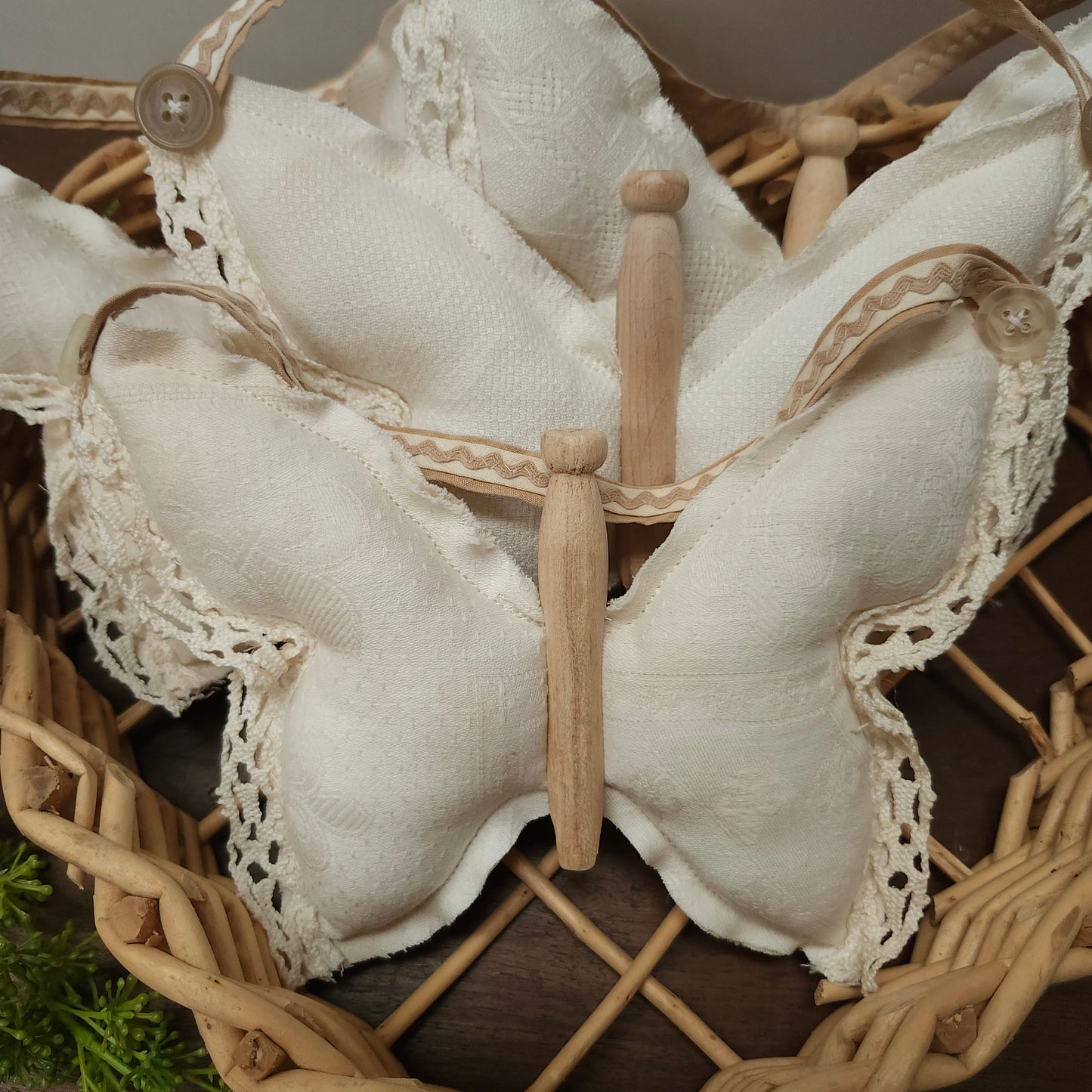 Butterfly Hanging Ornie, vintage linens, clothespin