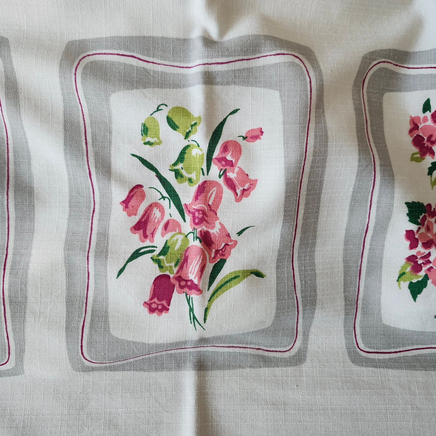 Pink and Gray Floral Vintage Tablecloth