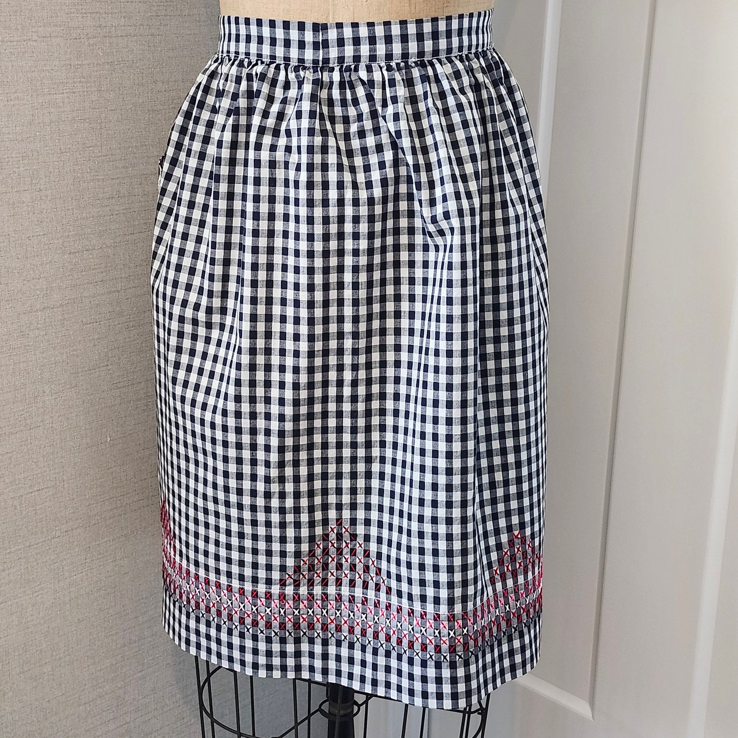 Black and White Gingham Vintage Half Apron with Red Cross Stitched Design