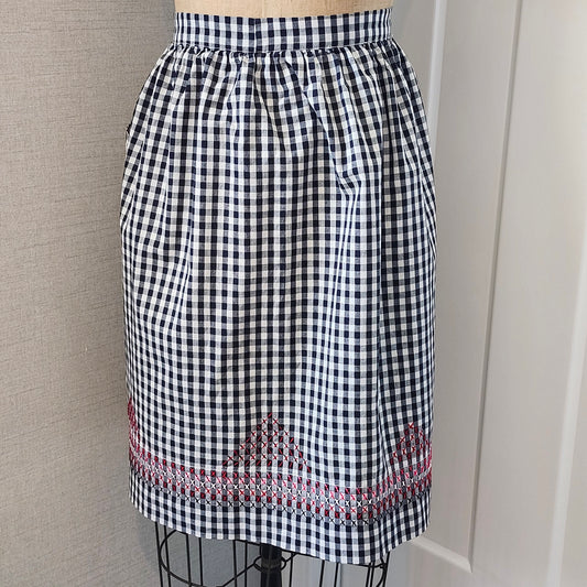 Black and White Gingham Vintage Half Apron with Red Cross Stitched Design