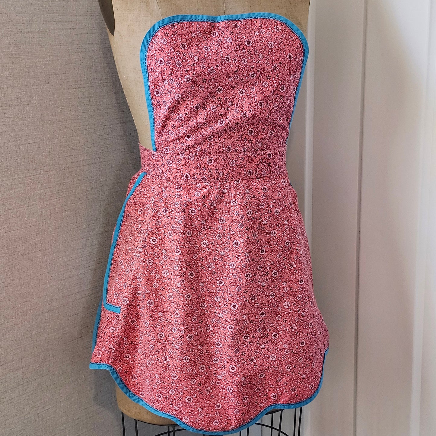 Pink Floral Vintage Pinner Apron with Turquoise Trim