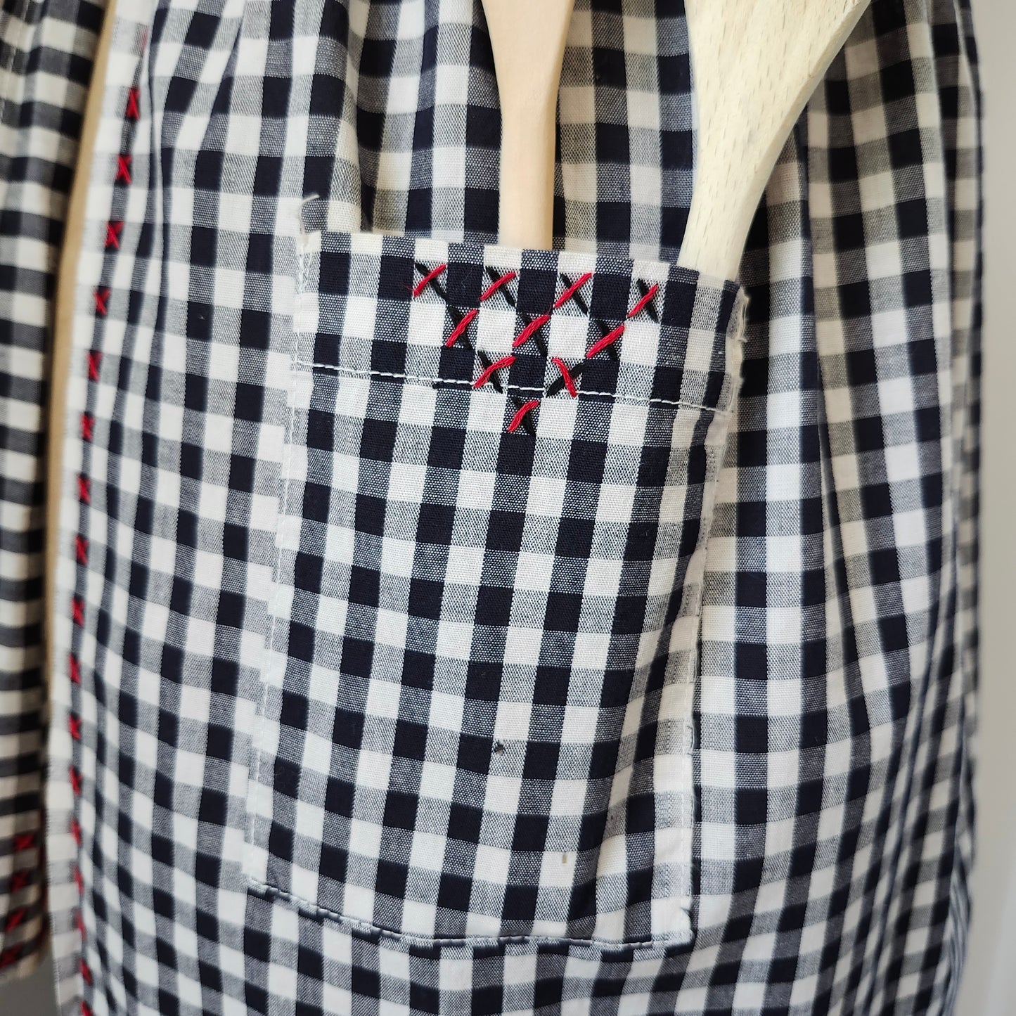 Black and White Gingham Vintage Half Apron with Red Cross Stitched Design