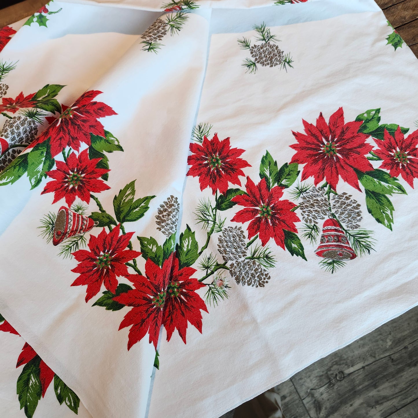 Poinsettias and Bells Vintage Christmas Tablecloth