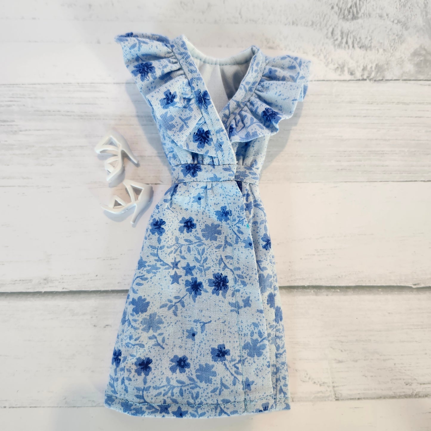 Blue Floral Ruffled Wrap Dress for 11 1/2" fashion dolls