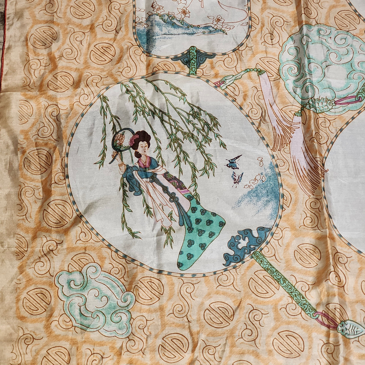 Vintage Triangle Brand Hand Printed Silk Scarf, Chinese Ladies Design