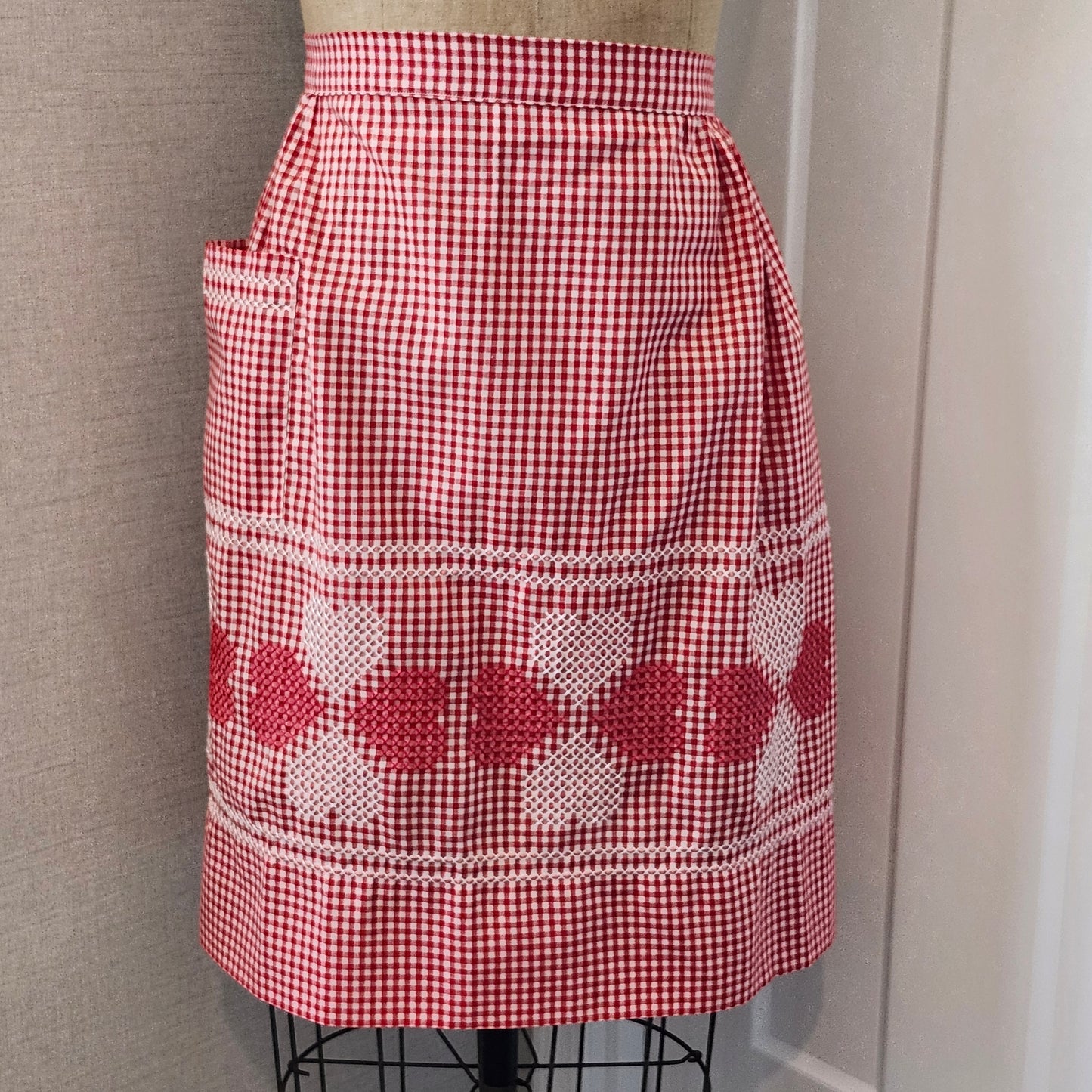 Red and White Gingham Vintage Half Apron with Cross Stitched Hearts