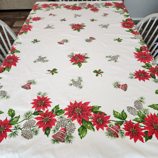 Poinsettias and Bells Vintage Christmas Tablecloth