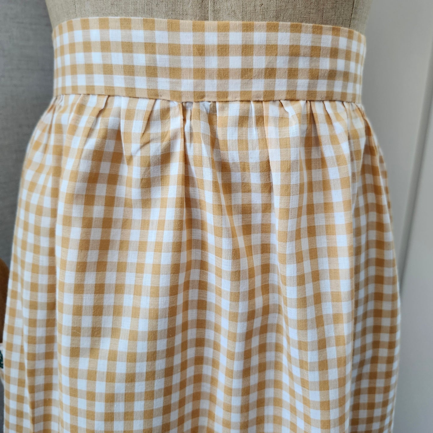 Tan Gingham Vintage Half Apron with Green Cross Stitch Design
