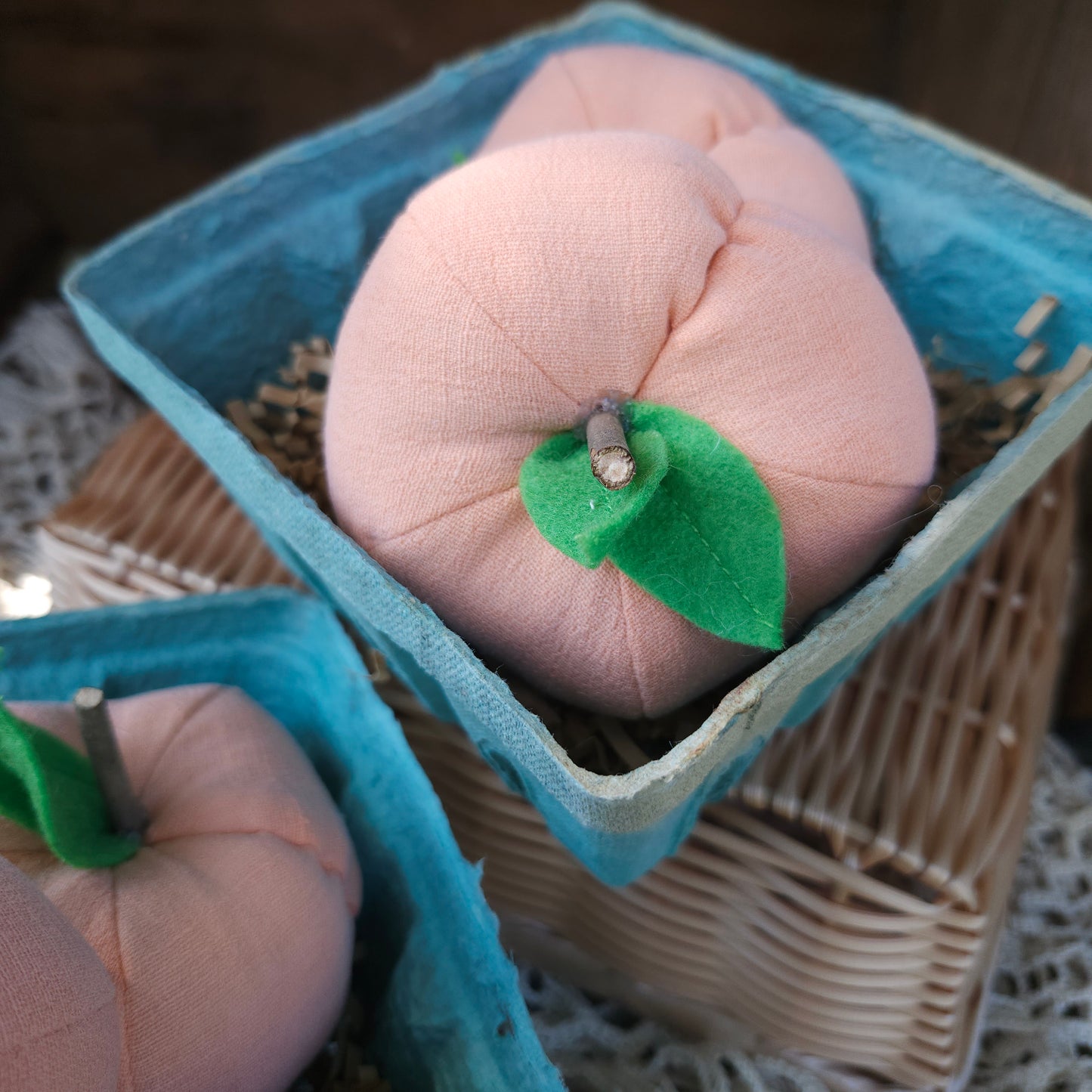 Set of 2 Handmade Fabric Peaches in a Quart Basket, vintage linens, summer decor, farmhouse